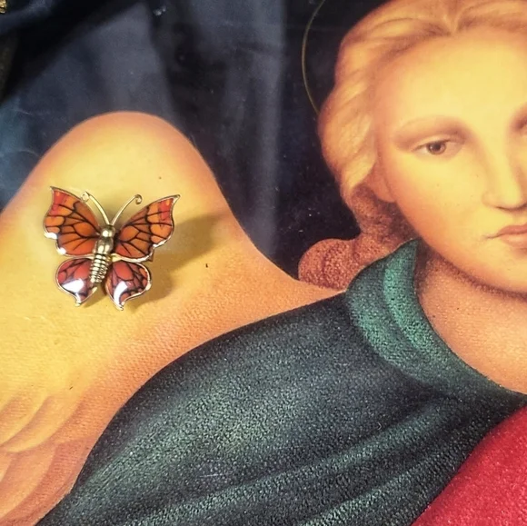 Vintage gold tone enamel orange black butterfly brooch pin / necklace pe… - Picture 10 of 17